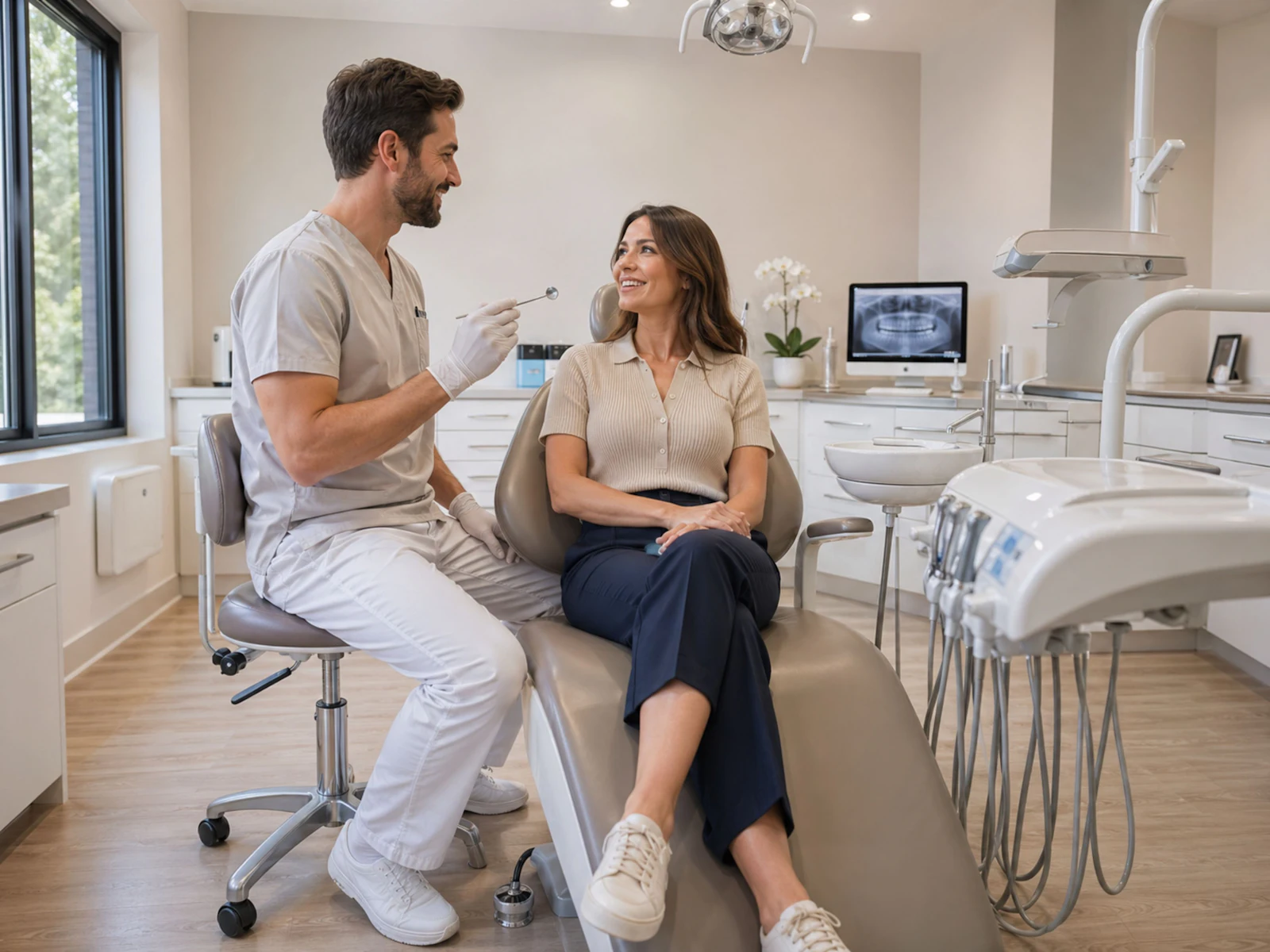 A dentist talking with a smiling patient in a bright clinic