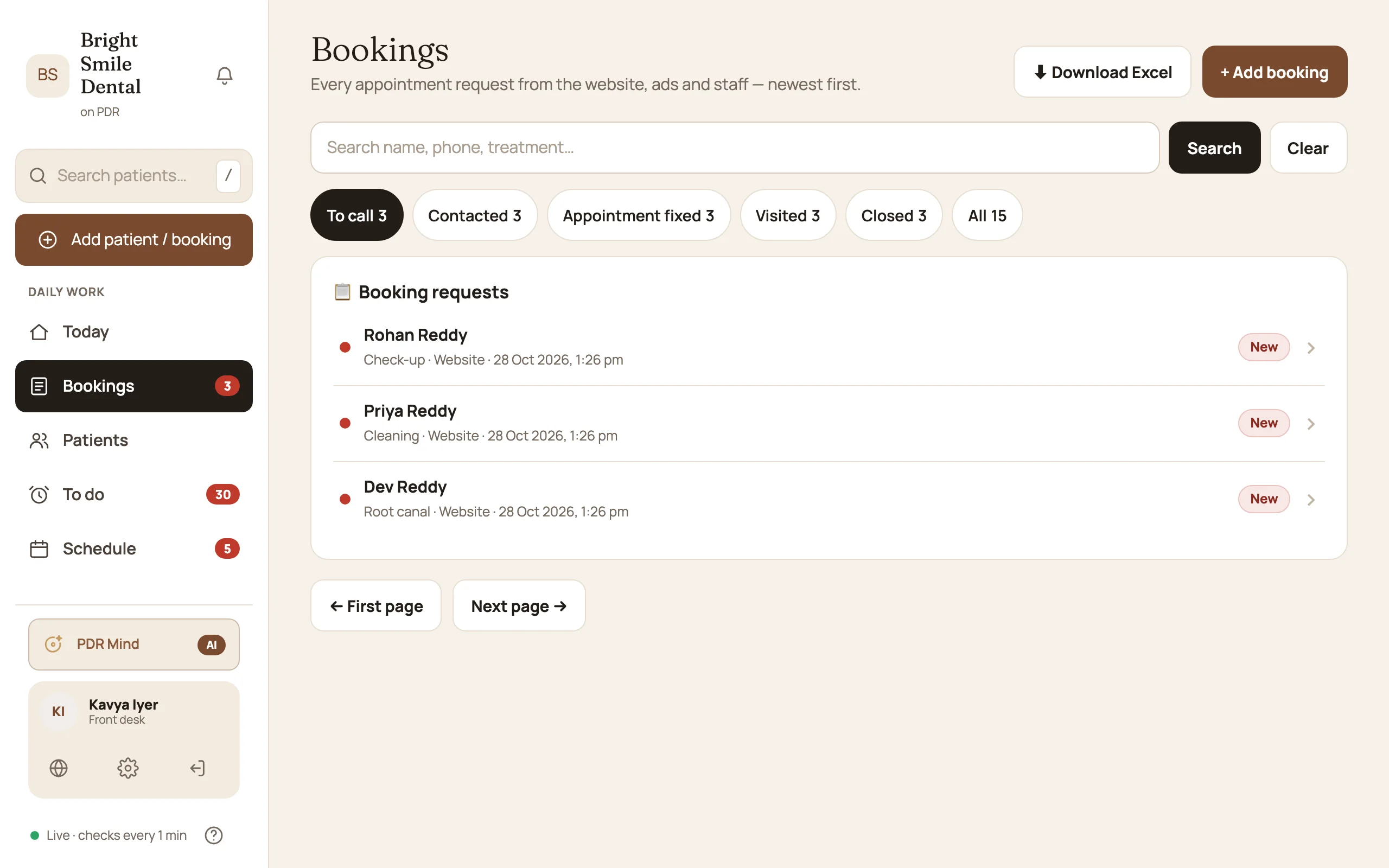 PDR bookings list with new requests to call