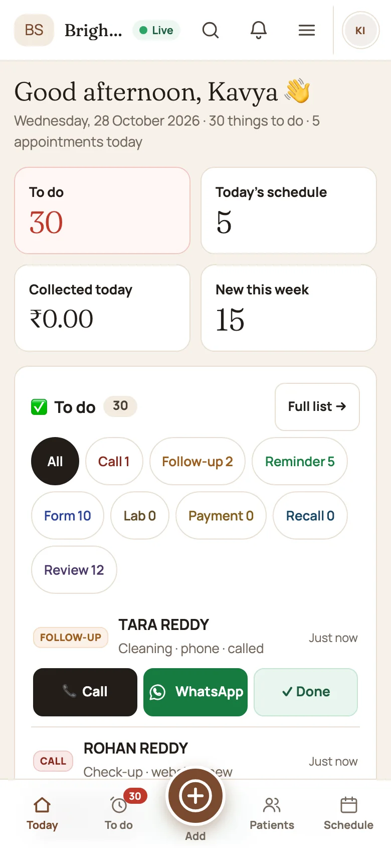 PDR Today screen on a phone with calls and follow-ups to do